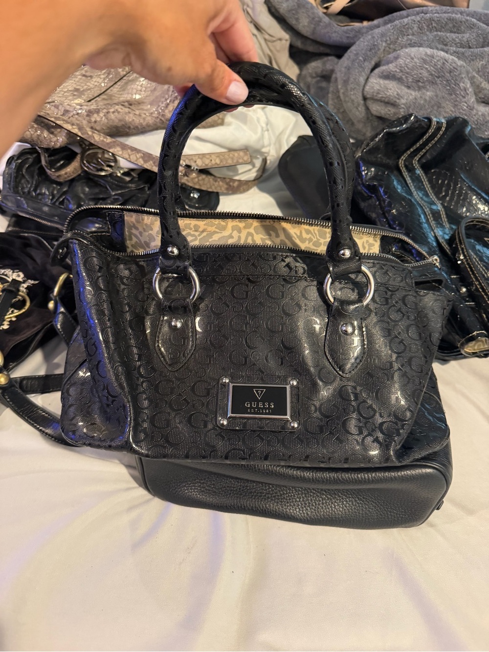 GUESS Black Logo-Embossed Patent Satchel with Silver Hardware